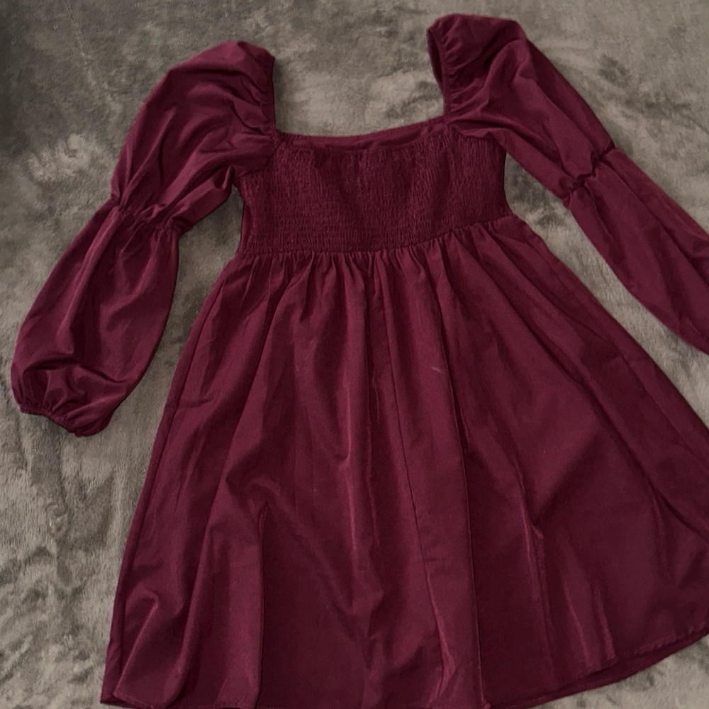 Girls Burgundy Long-Sleeve Smocked Bodice Dress